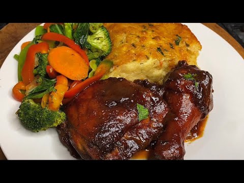 Full Dinner Recipe, BBQ Chicken, Cheesy Potato Pie, Garlic Stir Fry Veggies