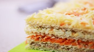 Смотреть онлайн Торт из бутербрдов с тунцом, просто и вкусно