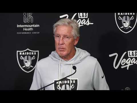 Raiders head coach Pete Carroll addresses the media