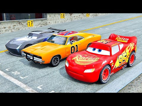 Lightning McQueen vs General Lee vs Jackson Storm at Top Gear Track