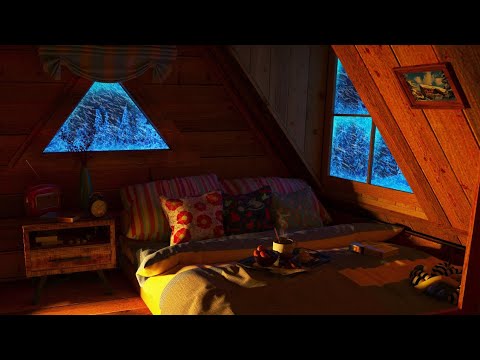 Cozy Winter Attic in the Forest - Snow Storm Sounds, Snowfall, Wind Sound and Fireplace Crackling