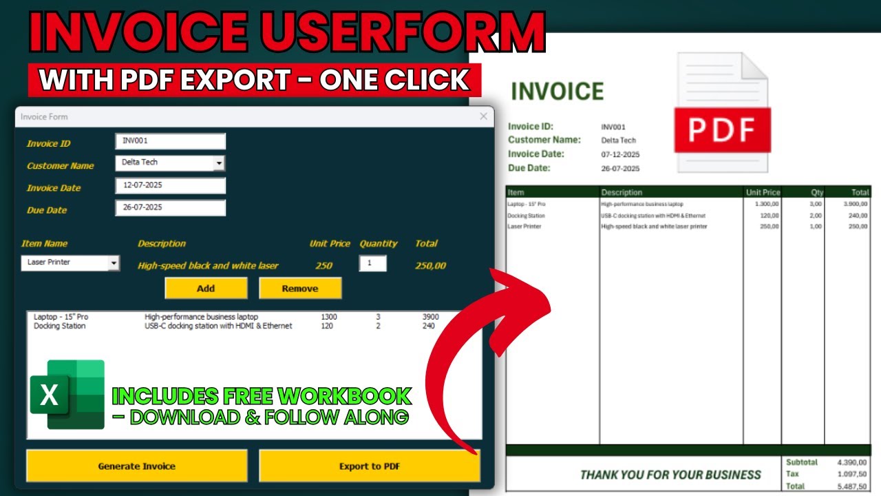 Excel Invoice Generator with VBA – Free File + 1 Click PDF Export Tutorial