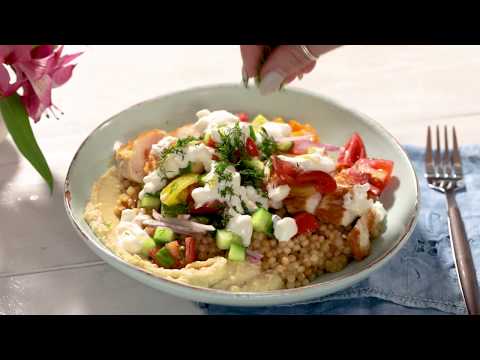 Chicken Gyro Couscous Bowls with Hummus, Tomato-Cucumber Salad, and Creamy Feta Sauce
