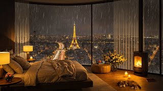 Paris Jazz Nights | Cozy Bedroom Ambience & Rainy Views of the Eiffel Tower 🌧️