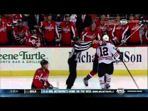 Kyle Beach vs Tom Wilson fight. stick lodged. Chicago Blackhawks vs Washington Capitals 9/20/13 NHL