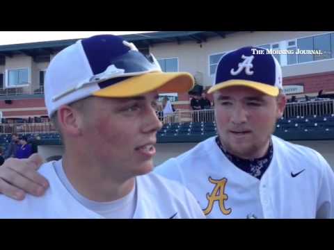 Avon's Tanner Doenges talks about his game-winning hit as teammate Jack Bondy looks on. Doenges also