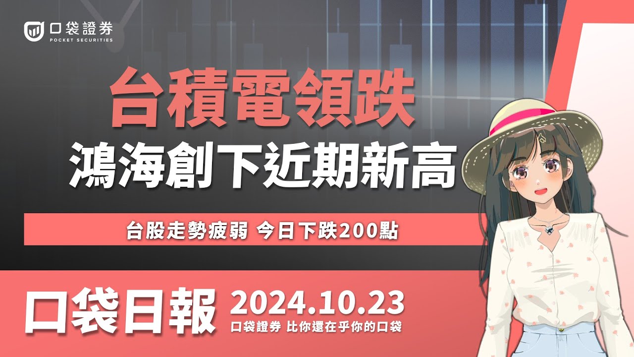 【口袋日報】鴻海創下近期新高,台積電領跌加權,台股走勢疲弱,今日下跌200點!2024.10.23