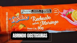 ABRINDO BISCOITO RECHEADO SABOR MORANGO DA TRIGOLINO - DEARRUDAABRINDO GOSTOSURAS