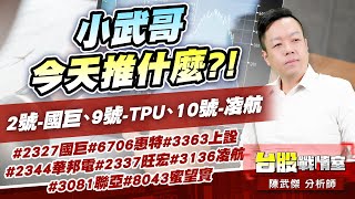 小武哥今天推什麼?!2號-國巨、9號-TPU、10號-凌航#2327國巨#6706惠特#3363上詮#2344華邦電#2337旺宏#3136凌航#3081聯亞#8043蜜望實｜小武哥投資事務所｜陳武傑 (圖)