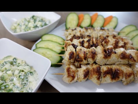 Chicken Souvlaki with Tzatziki Cucumber Salad (Greek Dish). Easy, tasty dinner recipe.