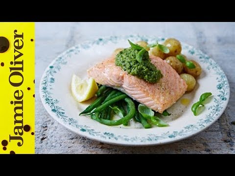 Salmon & pesto-dressed veg: Jamie Oliver