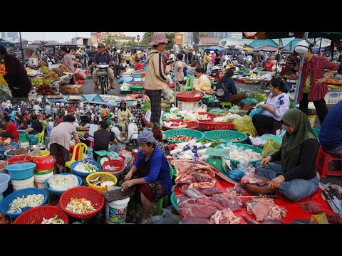 Cambodian Early Morning Vegetable Market - Plenty Fresh Vegetable, Fruit, Pork & More Food