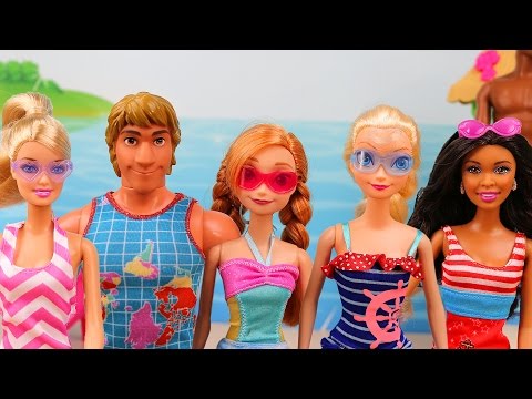 Barbie Frozen Fiesta de Playa con Anna Elsa Kristoff Ken Nikki Steven Ariel y Tritón Video