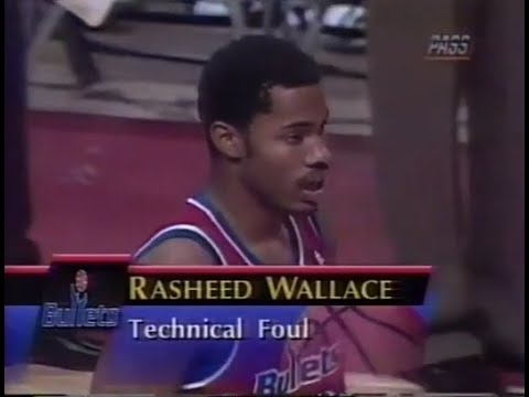 Rookie Rasheed Wallace Dunks vs. Pistons (Picks up a Tech, too)