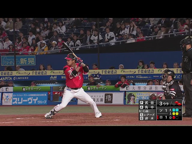 【3回裏】マリーンズ・角中 ライトへ勝ち越しのタイムリーヒット!! 2019/4/18 M-H