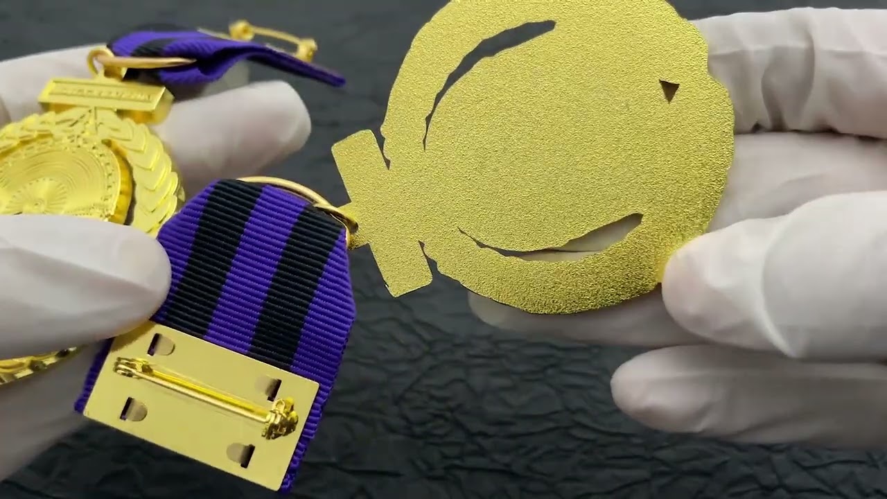 5702-Purple-black woven ribbon with golden hollowed-out commemorative badge