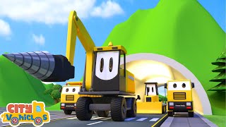 Download lagu Construction Vehicles — excavator, bulldozer, dump truck, drill, paver, build tunnel after rockfall mp3