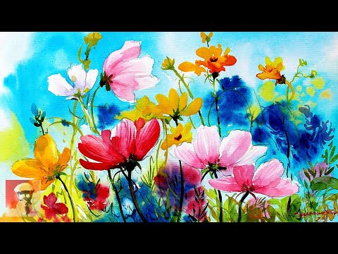 How to paint Flowers in watercolor | Paint Cosmos Flowers | Watercolor Painting Tutorial