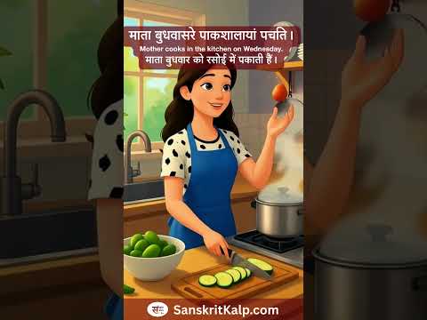 माता बुधवासरे पाकशालायां पचति।  | Mother cooks in the kitchen on Wednesday.