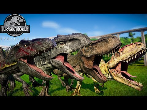 Indoraptor Vs Indominus Rex Vs T Rex Vs Giganotosaurus Jurassic World Evolution Youtuberandom