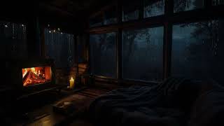 Gentle Rain in a Forest Cabin | Fireplace Sounds to Help to Relax and Beat Insomnia