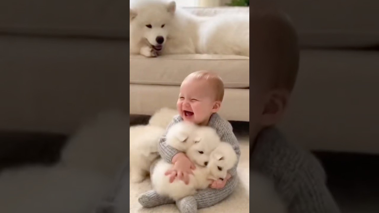 5 Puppies and One Baby: The Nanny Dog Legend 🤍✨ #shorts #cute