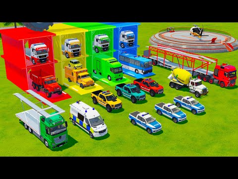 TRANSPORTING PICKUP POLICE CARS, AMBULANCE, CONCRETE MIXER AND DUMP TRUCK - FS22