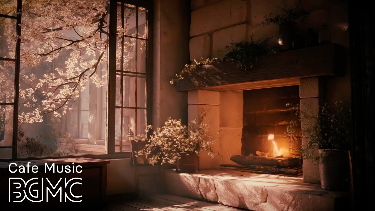 4K Spring Fireplace Cafe ☕ Slow Bossa Nova & Crackling Fire for Relaxing, Study