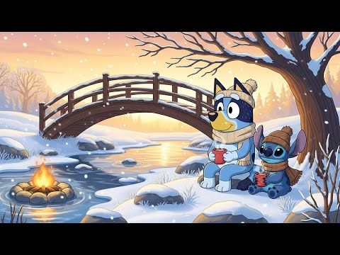 Stitch & Bluey Winter River Morning ❄️ Cozy Lofi Beats ☕ Calm Study Ambience by the Snowy Bridge
