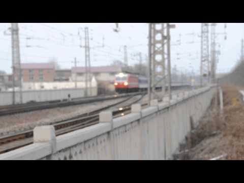 Two trains passing in the same direction in Shijiazhuang, China