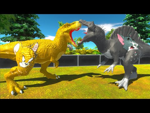 JERRY T-REX vs SPIDERMAN TRICERATOPS vs TOM SPINOSAURUS DEATH RUN - Animal Revolt Battle Simulator