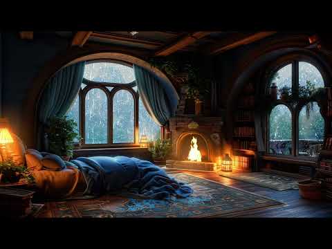 Cosy Castle Room Haven - Rain, Fireplace & Thunderstorm Sounds to Sleep  Quickly