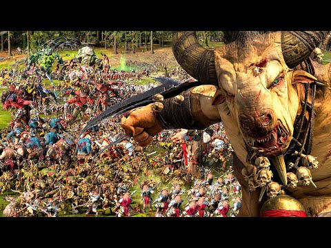 OGRE KINGDOMS and GREENSKINS vs BEASTMEN - Warhammer TotalWar cinematic battle