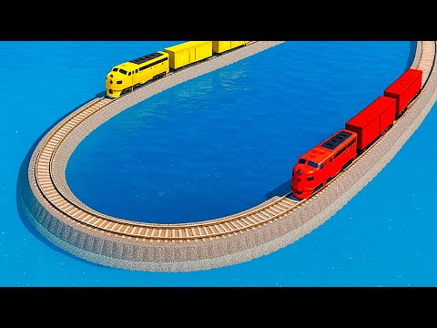 Double Colorful Train Vs U-Turn Impossible Mistake Rail Track Crossing Deepwater in BeamNG.drive