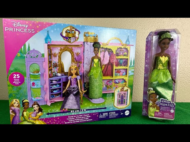 Vídeo relacionado con Mattel Disney Princess Set de juego de armario portátil con forma de castillo, con 2 conjuntos de moda para princesas, 25 accesorios, tocador y almacenamiento, juguete +3 años (HXC20)