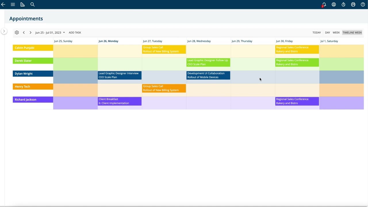 Using the Appointment Calendar Timeline Week View