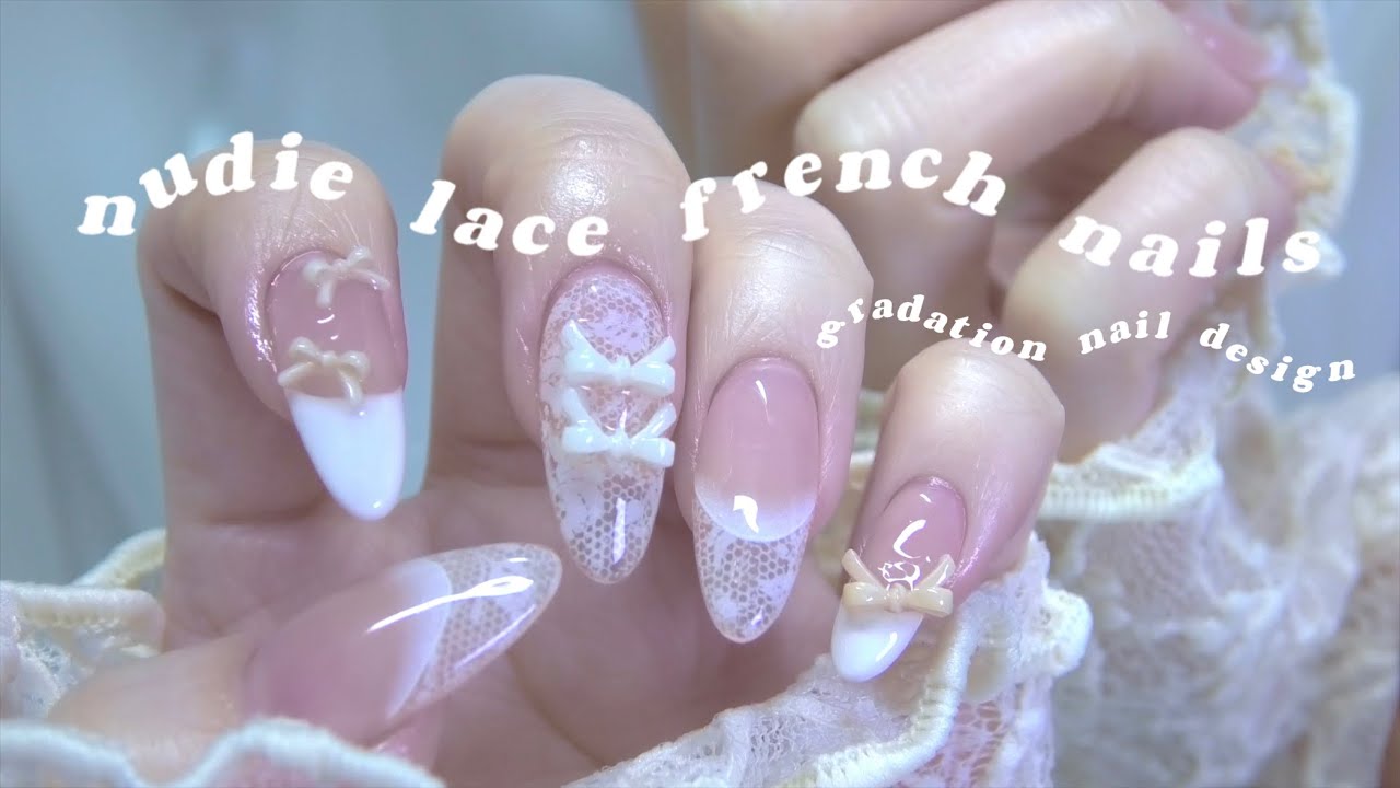 ヌーディーレースフレンチネイル🪽/ 2025春夏セルフジェルネイル・グラデーションフレンチデザイン 여름네일/셀프네일/네일디자인/젤네일-nudie lace french nail•design-