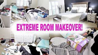 EXTREME BEDROOM CLEAN + MAKEOVER! HUGE TRANSFORMATION! COMPLETE DISASTER CLEANING MOTIVATION!