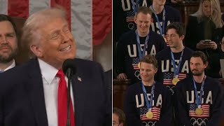Patriotic US men’s hockey team storms Trump’s State of the Union address
