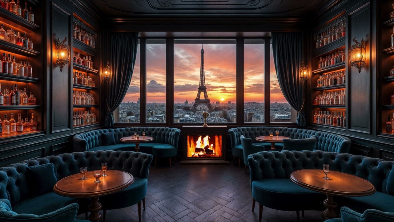 Rooftop Pub in Paris with Fireplace | Cozy Reading | Soft Jazz, Gentle Sounds for Relaxation 🍂 🍻