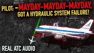 PAN-PAN Call quickly OVERTURNES to MAYDAY Call. American A319 Hydraulic failure. REAL ATC