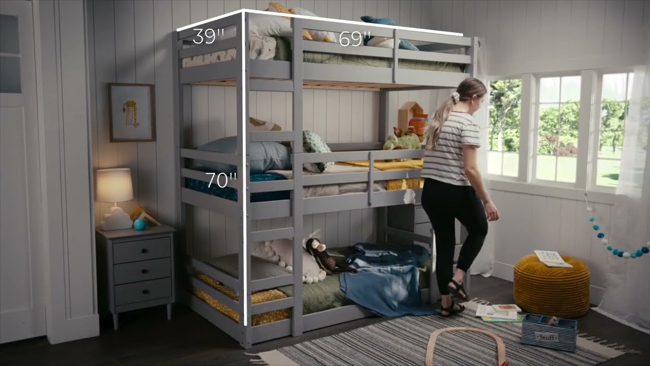 Solid Wood Triple Bunk Bed - Grey