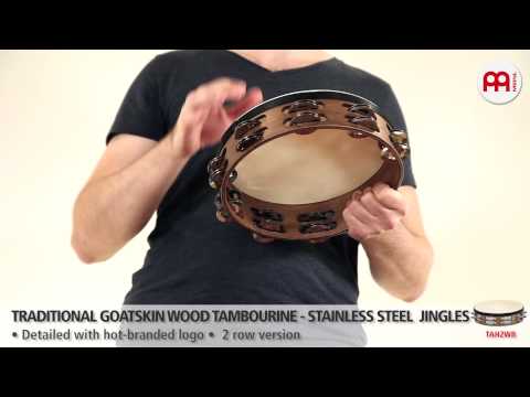 Traditional Goatskin Wood Tambourine - Stainless Steel Jingles - TAH2WB