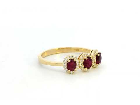 18K Gold Oval-cut Ruby Trilogy Ring with Diamond Halo – July Birthstone Ring