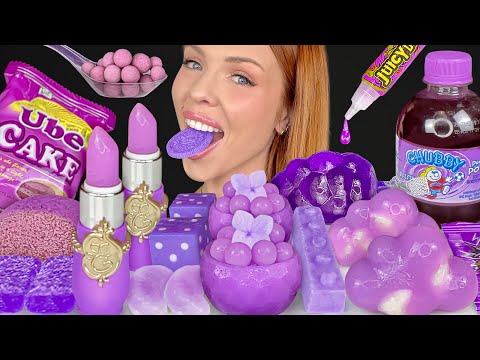 ASMR MUKBANG, Purple Desserts, Ube Cake, Chubby Grape Soda, Edible Dice, Jelly Tube, Kohakutou 먹방