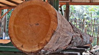 sawing giant redwood logs into expensive planks at the sawmill