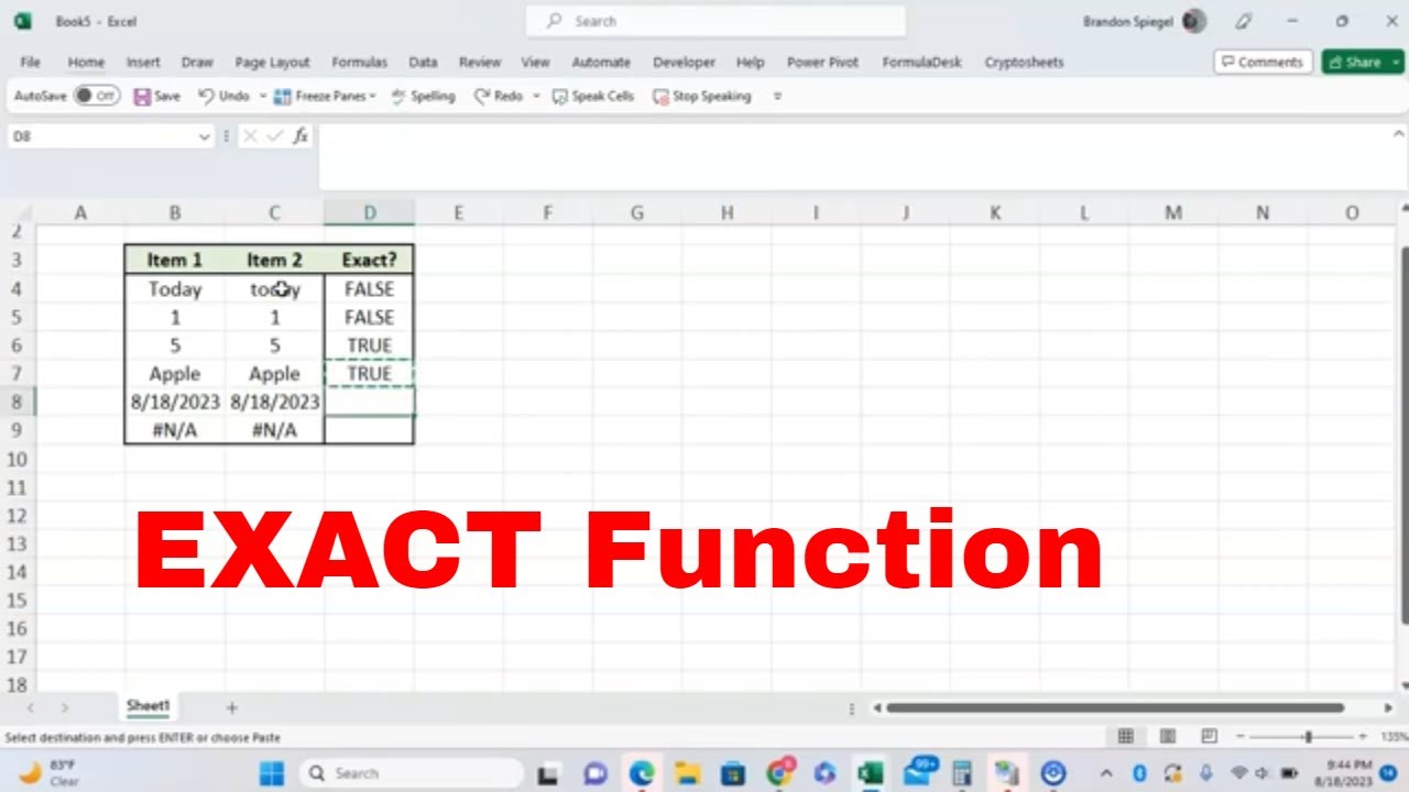 How to Use the EXACT Function in Microsoft Excel! Check to See if Two Strings or Numbers Are Exact