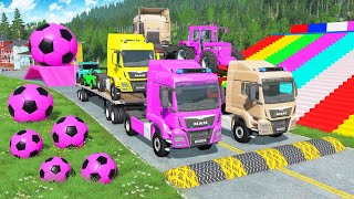 Flatbed Trailer McQueen Transportation with Truck - Speedbumps vs Cars vs Train - BeamNG.Drive #02