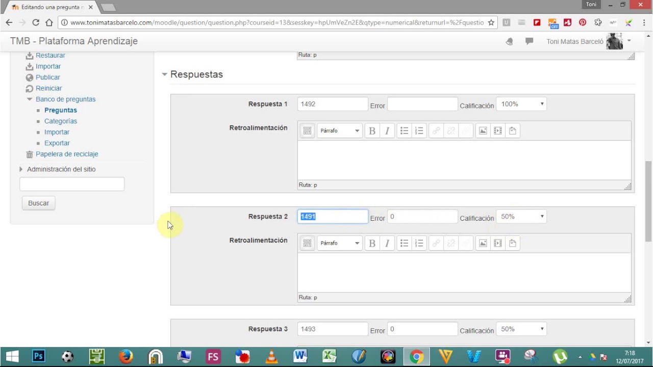 Crear y configurar pregunta Numérica en la Plataforma Moodle.