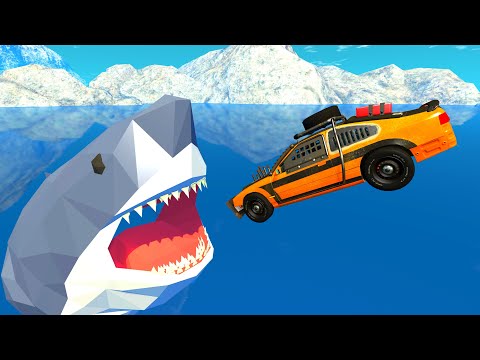 Jumping Cars from a steep descent into a giant shark's mouth - BeamNG.Drive